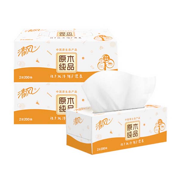 清风原木纯品面纸200抽*3包